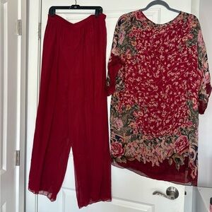 Floral Red Tunic and Pants Set 100% Silk.
